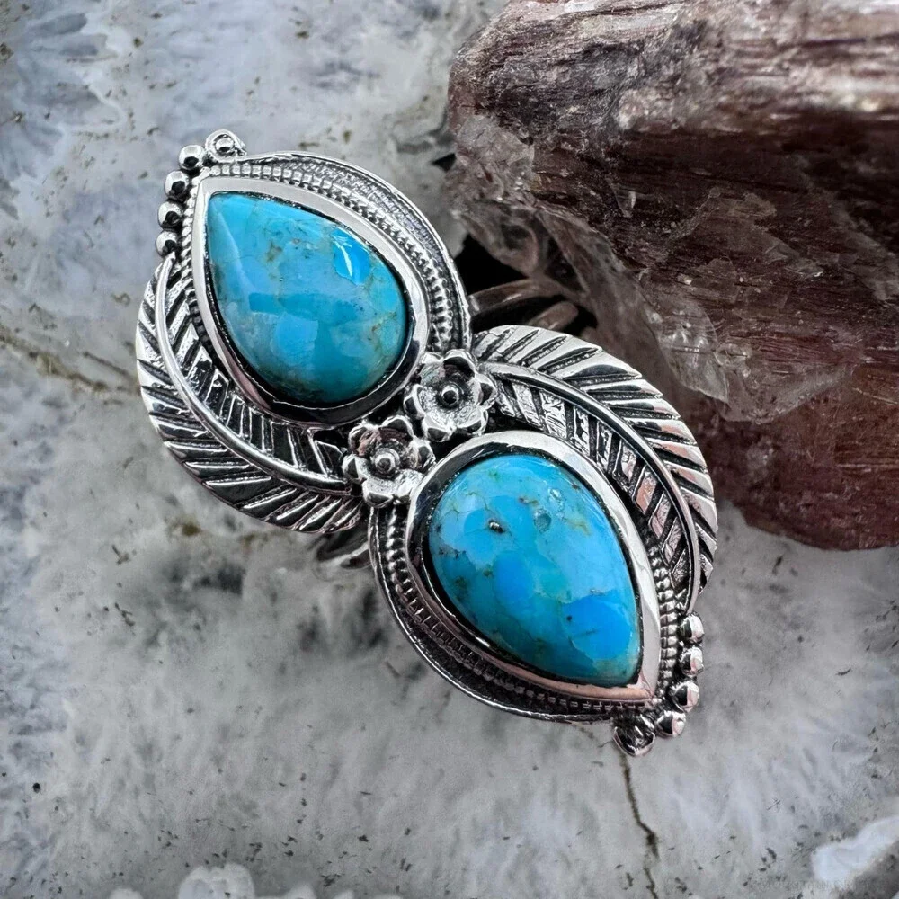 Sterling Southwestern Style Teardrop Apatite Leaves Decorated Ring For Women